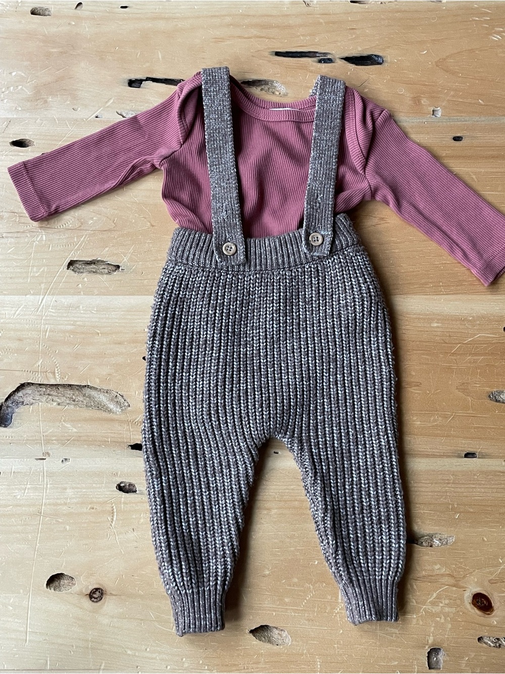 Kids Knit Suspender Pants with Long-Sleeve Top - Red and Taupe
